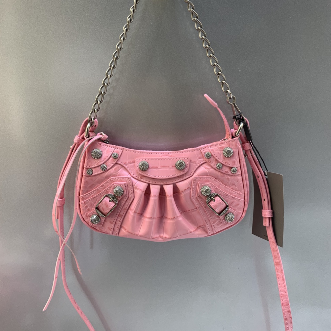 Balenciaga Le Cagole Mini Bag With Chain Crocodile Embossed Rhinestones Shoulder Bag Pink 